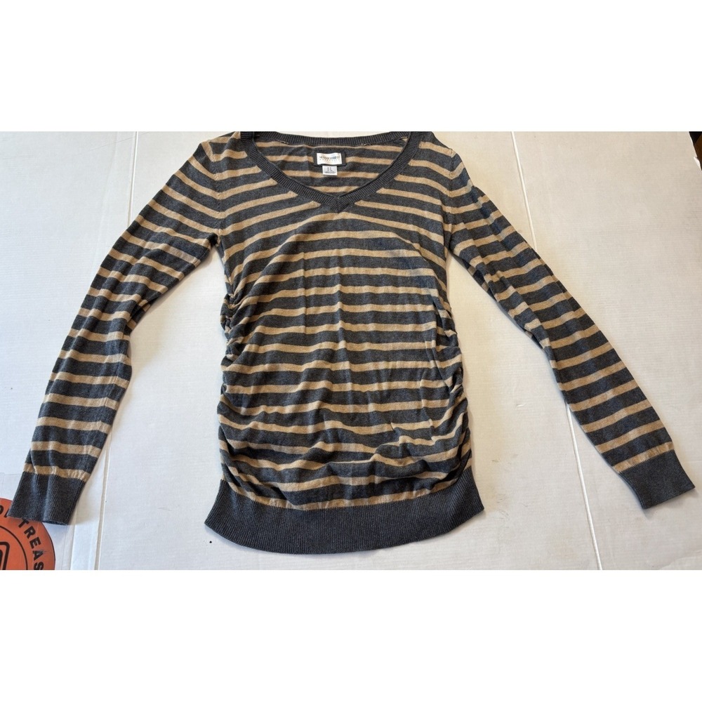 Motherhood Wmn Sweater Gray Brown Sz S Knit Striped V Neck Long Sleeve Pullover